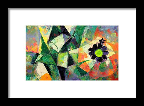 An abstract print with green flowers on and two other large colored images of flowers