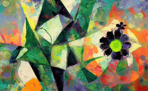 An abstract painting of flowers sitting on a wall with a green background
