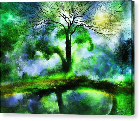 Art print in a mossy forest with a tree