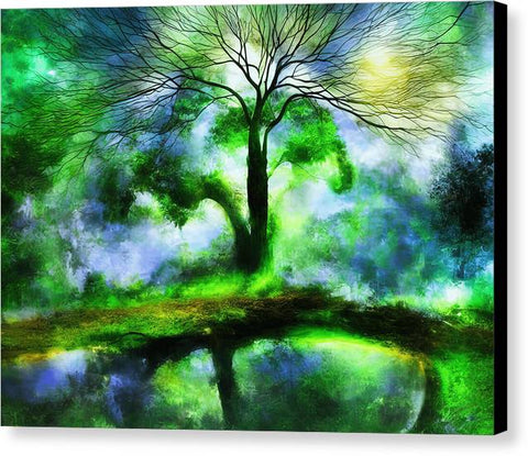 Art print in a mossy forest with a tree