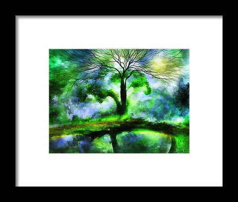 Art print in a green tree standing tall in front of a forest