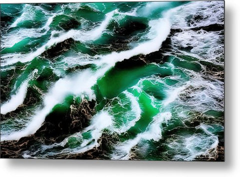 Turbulent waves flowing over a green ocean on a rocky beach.