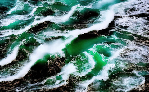 A green water with large waves crashing together.