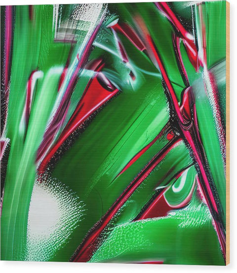 A picture of a green draping painting inside of a glass wall.