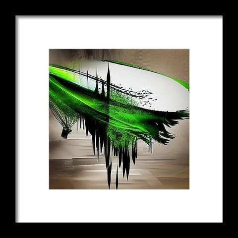 A framed print of an abstract painting of a tree filled with green leaves