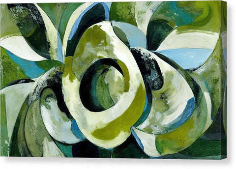 An abstract art print of an onion on top of a large green flower