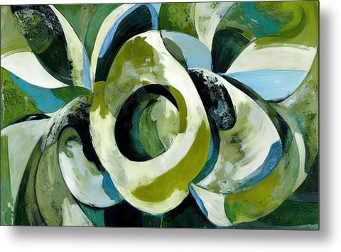 A floral shaped art painting on a white wall with a black top and a green background