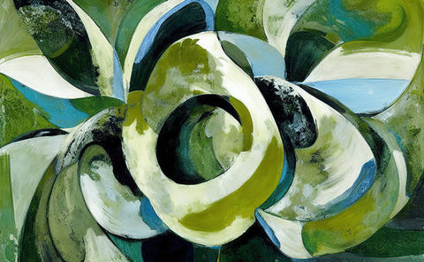 A white painting of an abstract animal with a spiral green background around it.