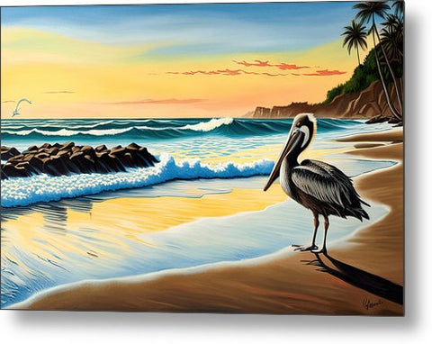 Hawaii Pelican Beach Painting - Serene - Metal Print