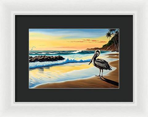 Hawaii Pelican Beach Painting - Serene - Framed Print
