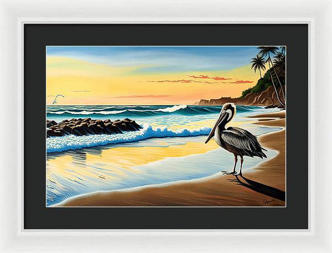 Hawaii Pelican Beach Painting - Serene - Framed Print