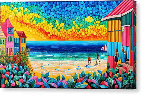 Highly Colorful Abstract Beach Painting with Vibrant Sky and Colorful Homes - Canvas Print