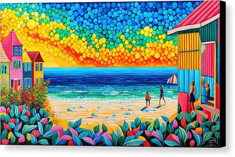 Highly Colorful Abstract Beach Painting with Vibrant Sky and Colorful Homes - Canvas Print