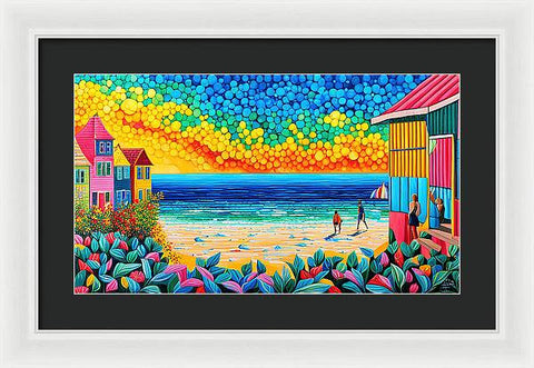 Highly Colorful Abstract Beach Painting with Vibrant Sky and Colorful Homes - Framed Print