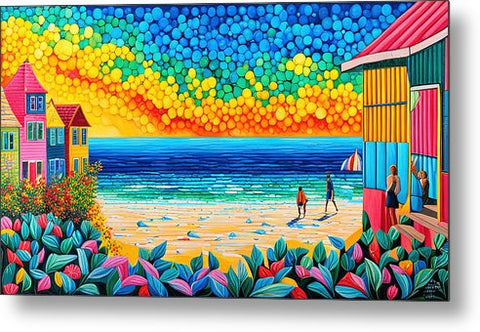 Highly Colorful Abstract Beach Painting with Vibrant Sky and Colorful Homes - Metal Print