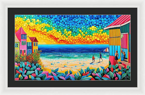 Highly Colorful Abstract Beach Painting with Vibrant Sky and Colorful Homes - Framed Print