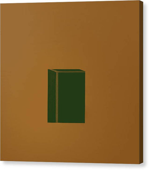 A brown bookcase on a white book shelf holds brown and green books