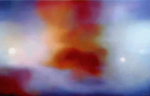 A close up of a large red dragon explosion and smoke billowing into the sky.