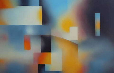 An abstract painted painting with two blue and orange squares on top of a clock.