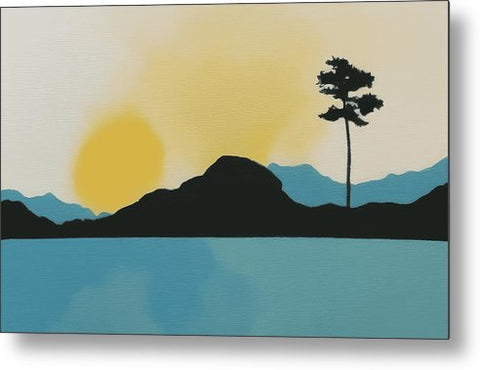 Art print of a sunset set against a blue sky while looking across a lake.