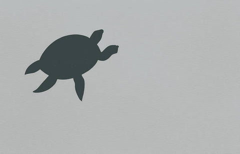 A turtle walking near water in front of a sign on the wall.