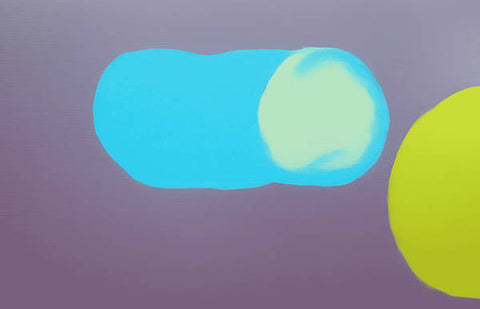 A photo of a painting with a purple sphere and a green blob.