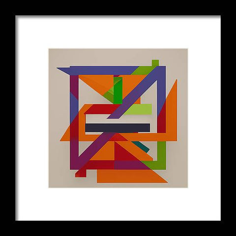 A square print framed that shows orange squares surrounded by a geometric geometric design
