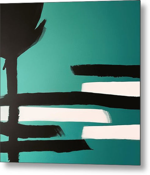 An abstract painting with teal colors on the walls is hanging on the wall.
