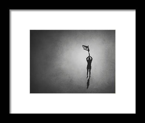 Black and white art print of a man with a kite flying across the sea.