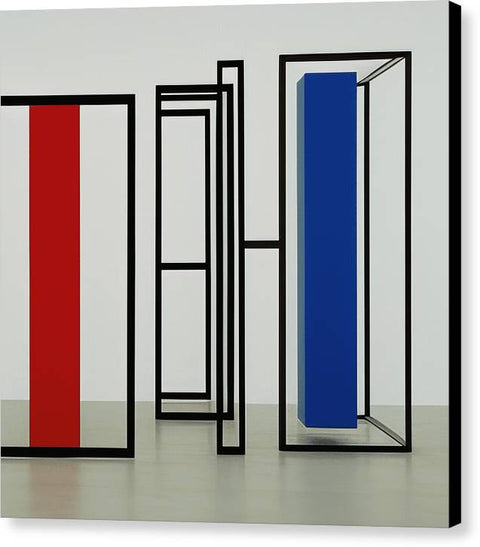 Two tall mirrors in front of a mirrored cabinet with red and blue trimming near the