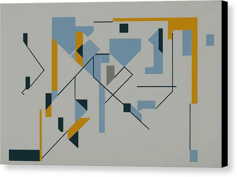 An art print with several geometric shapes on a white wall