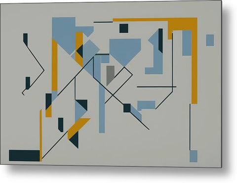 A large art print of a rectangle design sitting on the white wall.