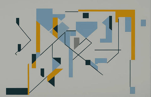 A series of six geometric shapes arranged on a mural.