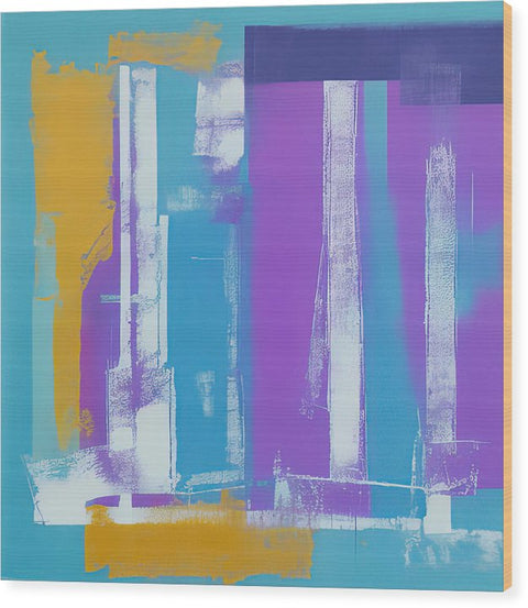 a purple painting hanging on a wall with strips of paint on the side
