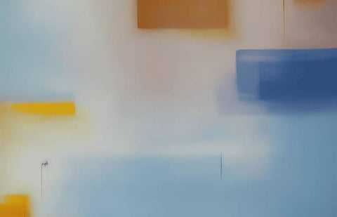 An abstract painting with an easel on top of a white background in a room filled