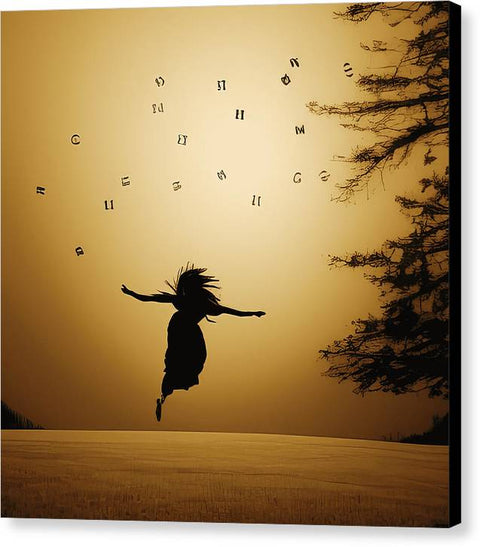 A girl jumping with parachute into the sky at sunrise