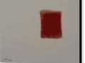a painting of red with a red and white piece of art on a white background