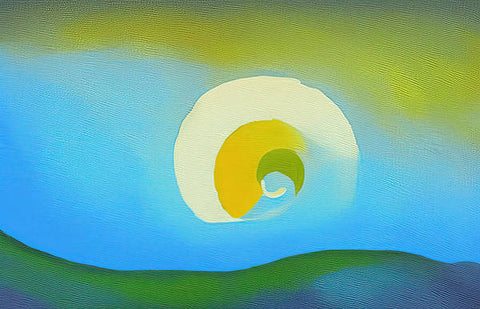 a blue water in a blue sky with a yellow spiral painting