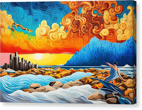 Mixed Media Abstract Beach Painting with Vibrant Surrealist Sunset - Canvas Print