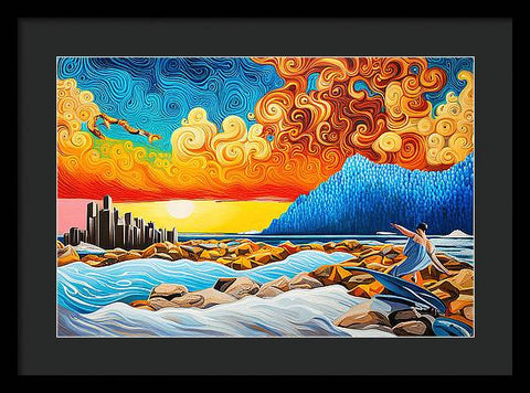 Mixed Media Abstract Beach Painting with Vibrant Surrealist Sunset - Framed Print
