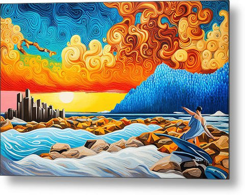 Mixed Media Abstract Beach Painting with Vibrant Surrealist Sunset - Metal Print