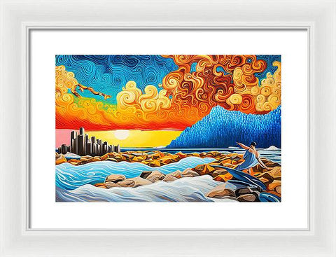 Mixed Media Abstract Beach Painting with Vibrant Surrealist Sunset - Framed Print