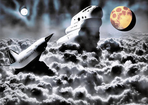 An image of a human and a space shuttle on a cloud covered landscape.