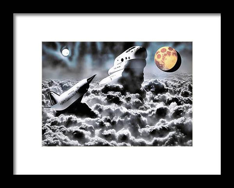A black and white art print of a dolphin landing on top of a spaceship.