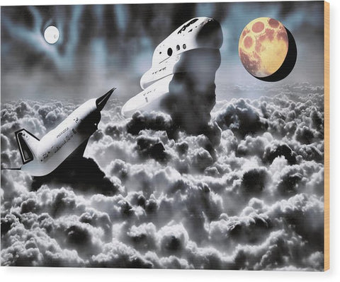 An airplane with astronauts and a black and white image of a space shuttle.