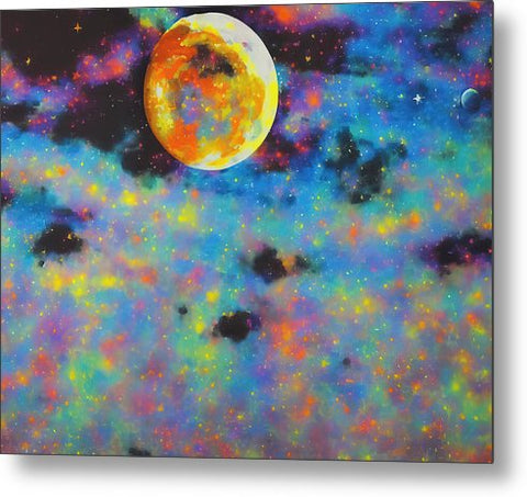 A pillow is covered with a colorful blanket with spray paint and a photo of space.