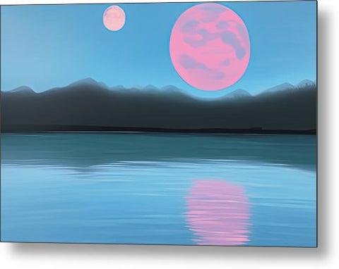 Art print of the full moon at night with the sun setting in the background.