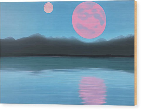 A wood panel painting depicting a sunset over a lake in front of the mountains.