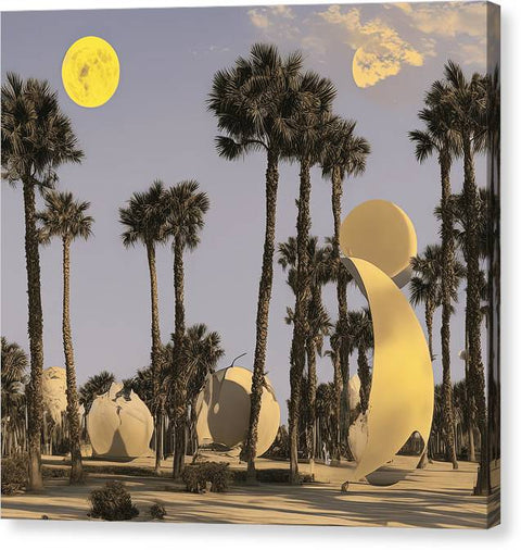 A wall art print with palm trees and an album cover.