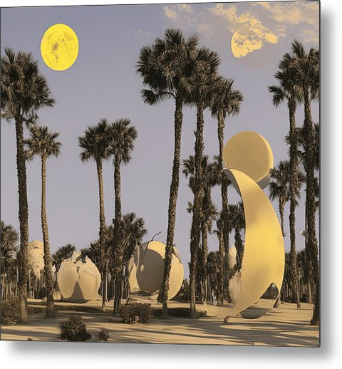 The white metal sculpture hangs next to a red rock and palm trees